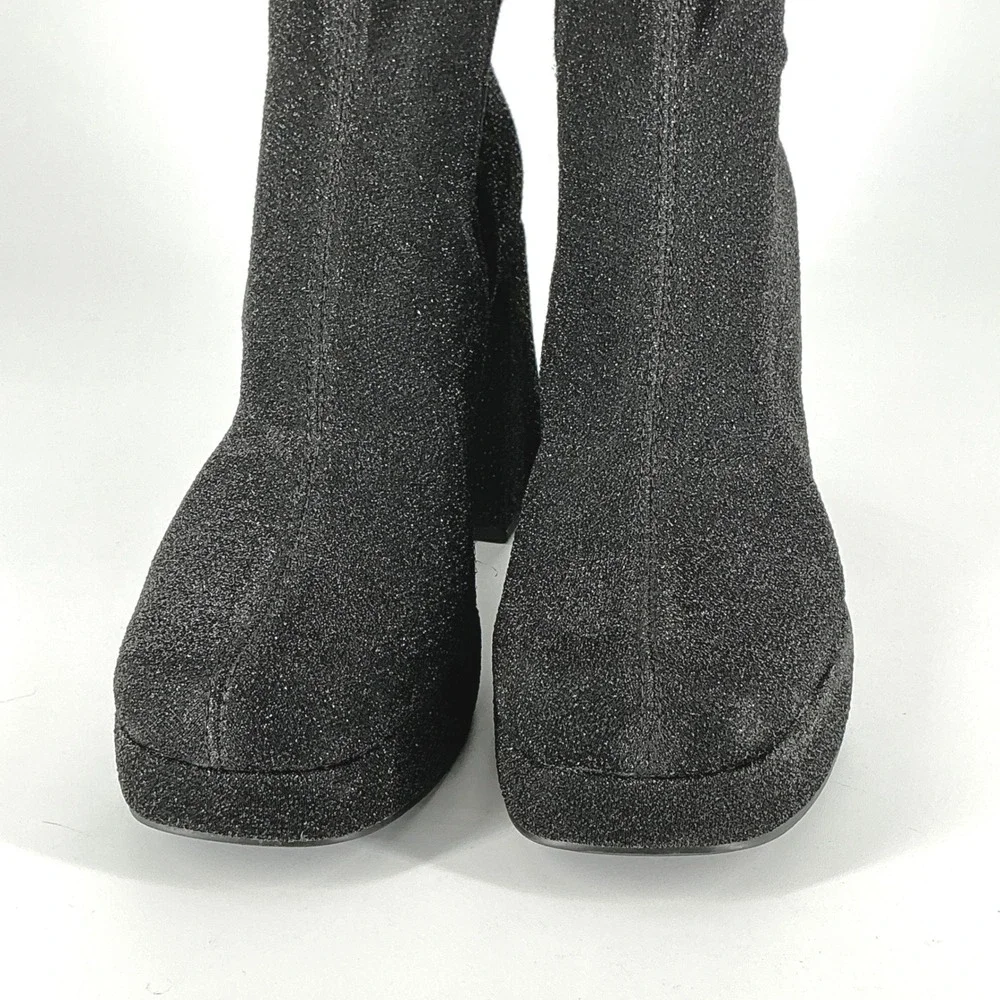 Abound Size 9 Black Glitter Platform Block Heel Sock Boots Square Toe